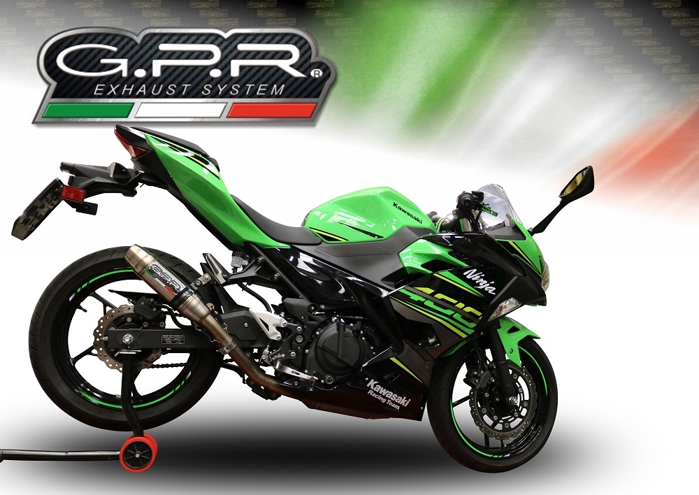 GPR pot echappement compatible avec  Kawasaki Ninja 400 2023-2024, Deeptone Inox, Échappement légal, homologué,silencieux avec db killer amovible et tuyau de liaison spécifique 