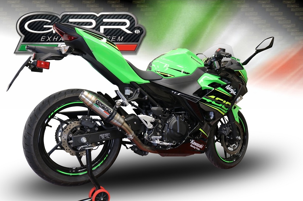 GPR pot echappement compatible avec  Kawasaki Ninja 400 2023-2024, Deeptone Inox, Échappement légal, homologué,silencieux avec db killer amovible et tuyau de liaison spécifique 