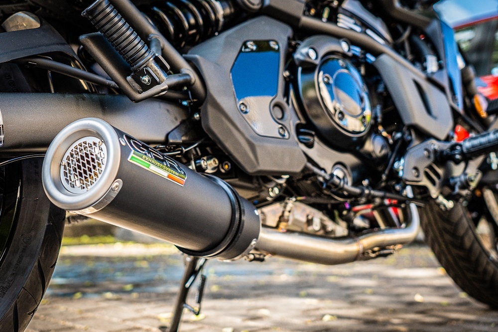 GPR pot echappement compatible avec  Kawasaki Vulcan 650 S 2014-2016, M3 Black Titanium, Homologué et légal, système d'échappement complet avec catalyseur et db killer amovible 